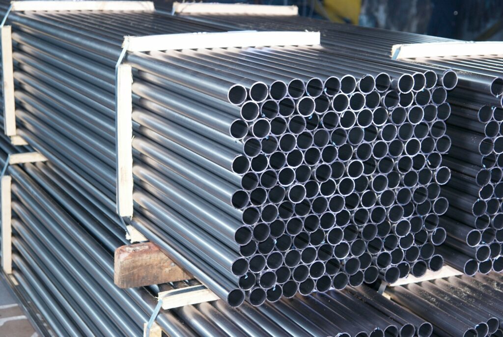 Steel Pipes bunch on the rack in warehouse